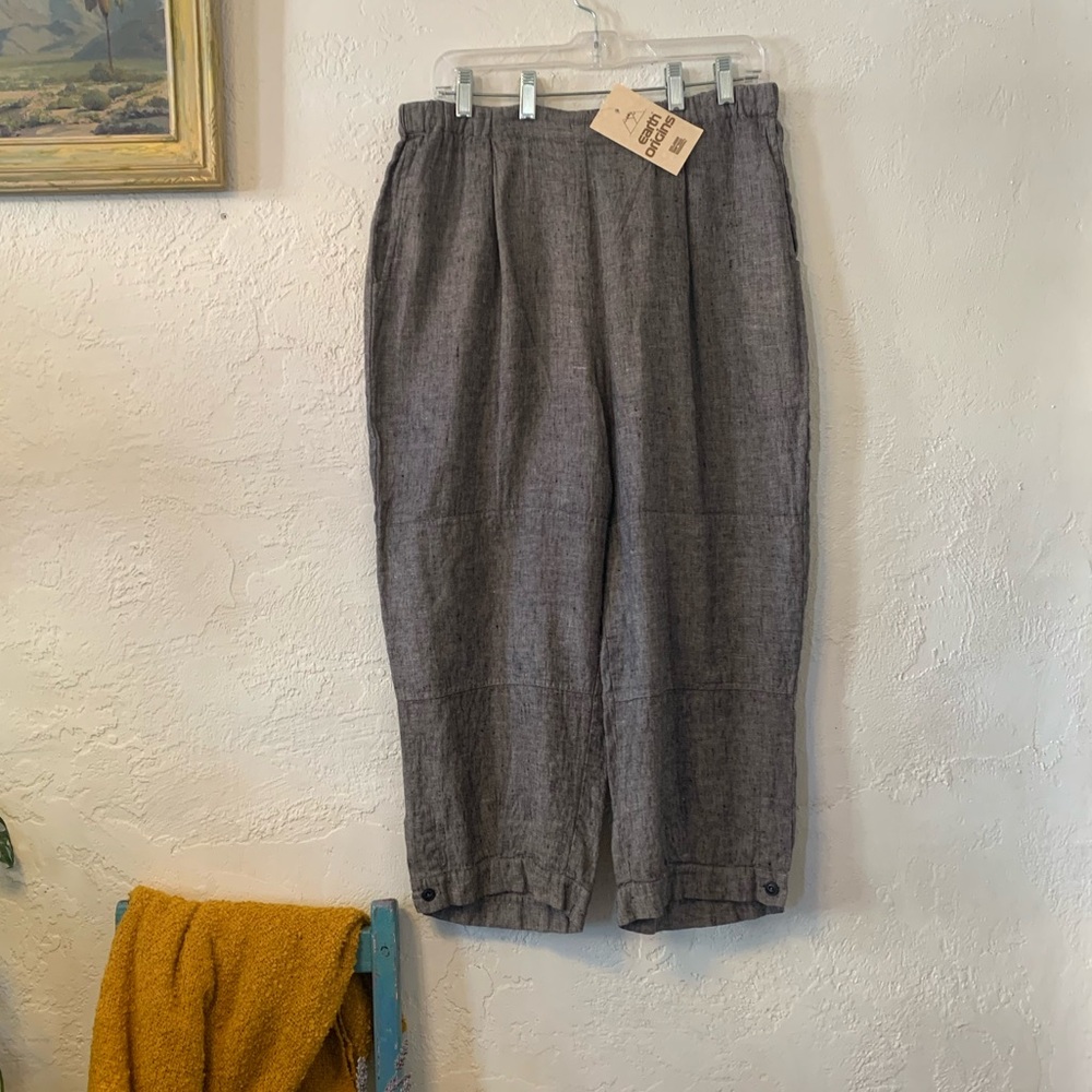 FLAX NWT LINEN PANTS BUTTON CUFFED PLEATED CROP SZ M BLACK GREY WHITE CROSS DYE